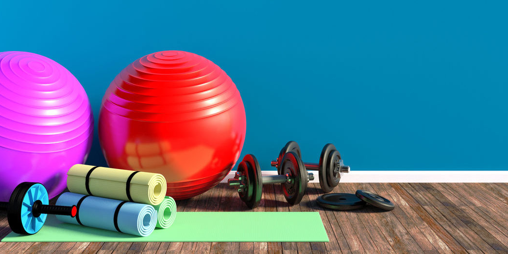 home exercise equipment: hand weights, exercise balls, yoga mat